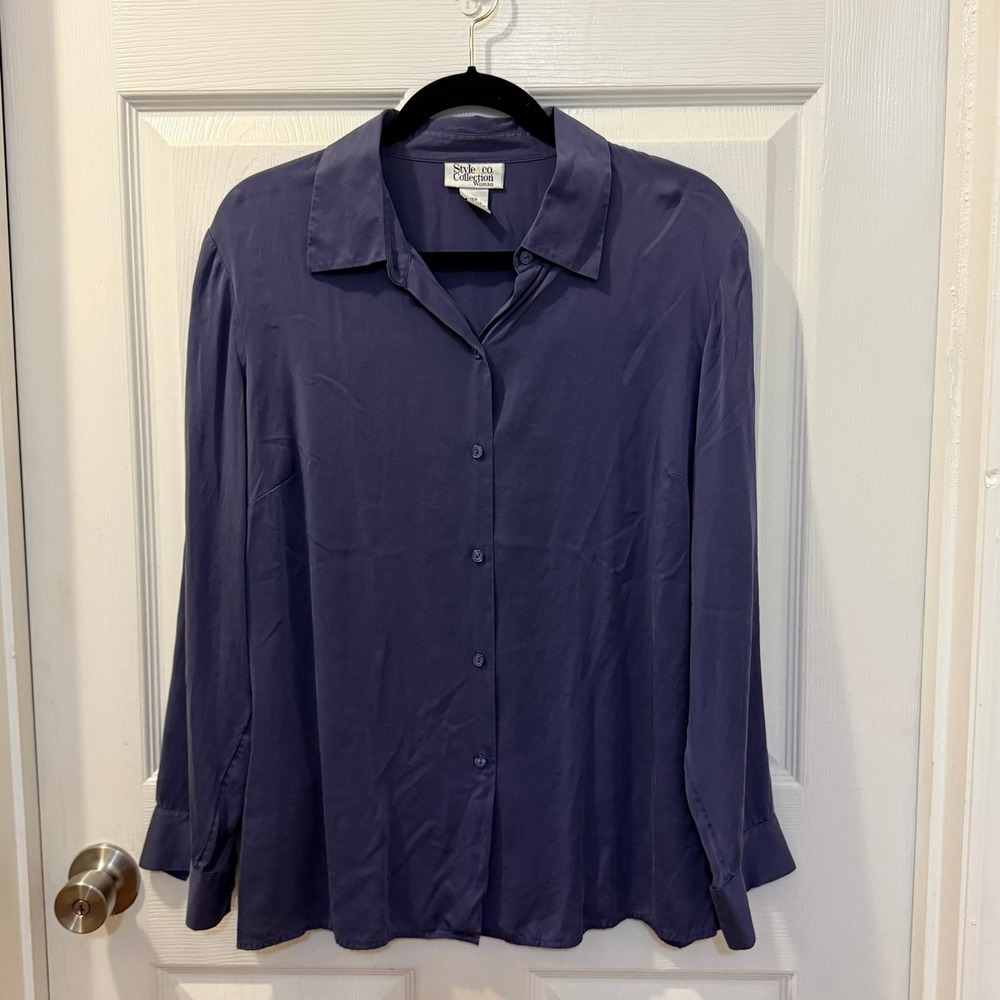Style & Co Vintage Plus Size 16W 100% Silk Button Down Shirt Slate Blue Purple